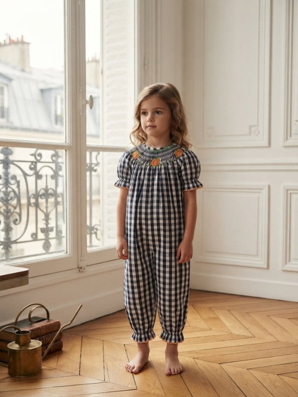 Stitchy Fish Smocked Black and White Gingham Romper with Embroidered Pumpkins 2T